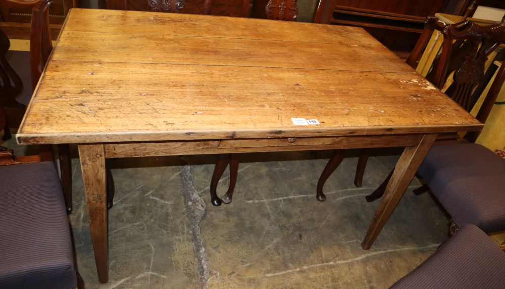 A 19th century fruitwood farmhouse table, planked top on square tapered legs, W.132cm, D.82cm, H.72cm